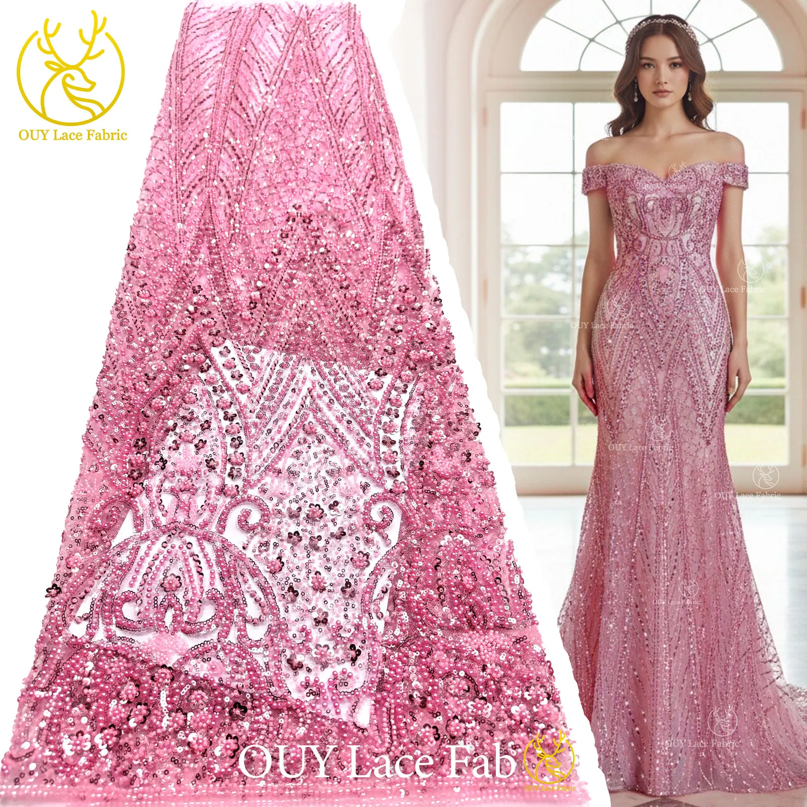 Pink Elegant African Groom Beaded Lace Fabric 2026 High Quality French Tulle Sequins Lace Fabric Nigerian Wedding Dress Lace