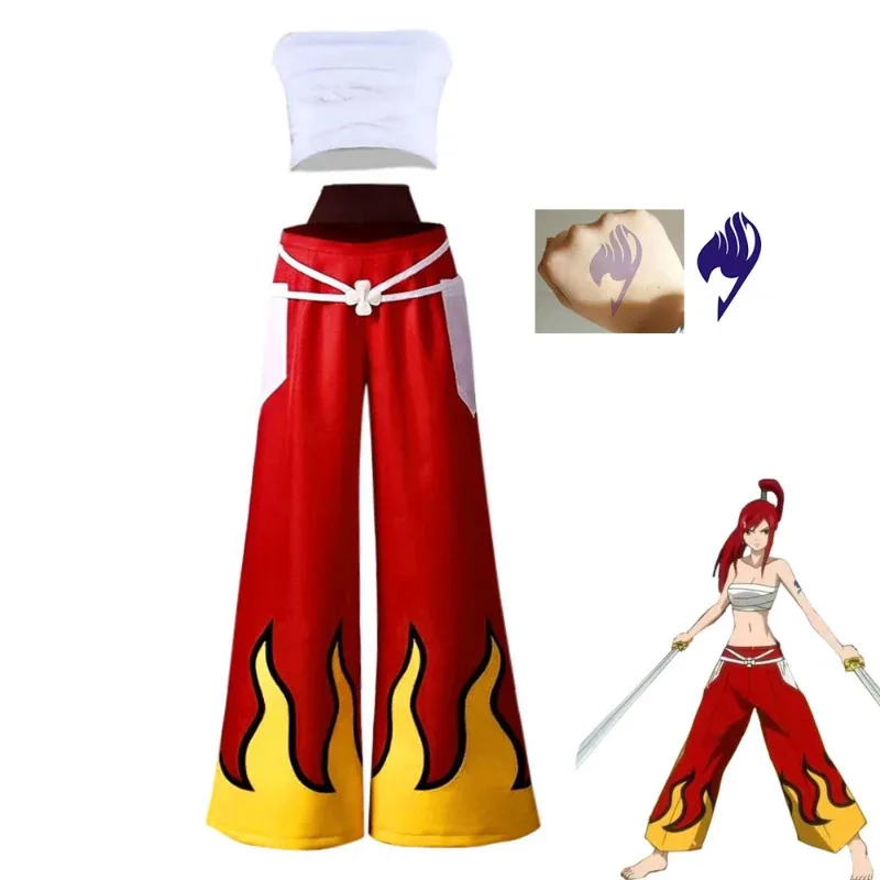New ❤2025 Cosplay Alosa Cos Anime Role Erza Scarlet Costume Pants White Tube Tops Red Cool Set Wig ☆ ☆ ☆