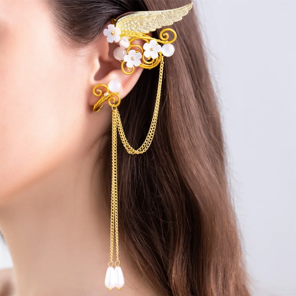 Left Ear Right Ear Alloy Elf Ear Clip Elf Ear Crystal Long Tassel Earrings Hollow Out No Piercing Flower Ear Clips Halloween