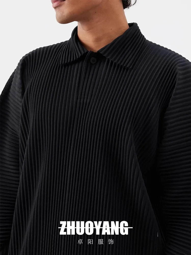 Miyake Pleated Polo Shirt Men's Solid Color 2025 Spring and Summer New Loose Casual Lapel Long-sleeved Shirt Business Casual