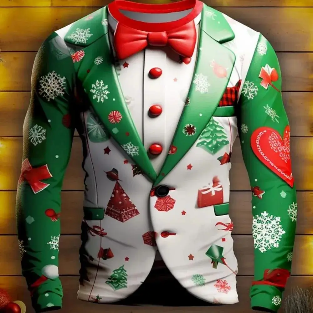 New Man Business Christmas Party Series Fake Suit Fashion Interesting 3d Printed Long Sleeve Crew Neck Trend Plus Size Clothing