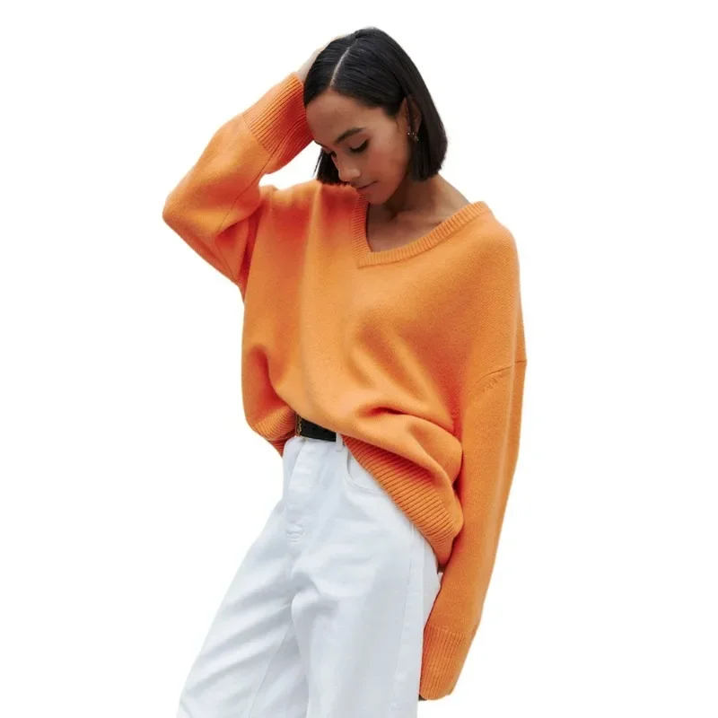 

V Neck Sweater Pullovers For Women Solid Color Loose Knitted Top Casual Long Sleeve Female Sweater Autumn Winter New