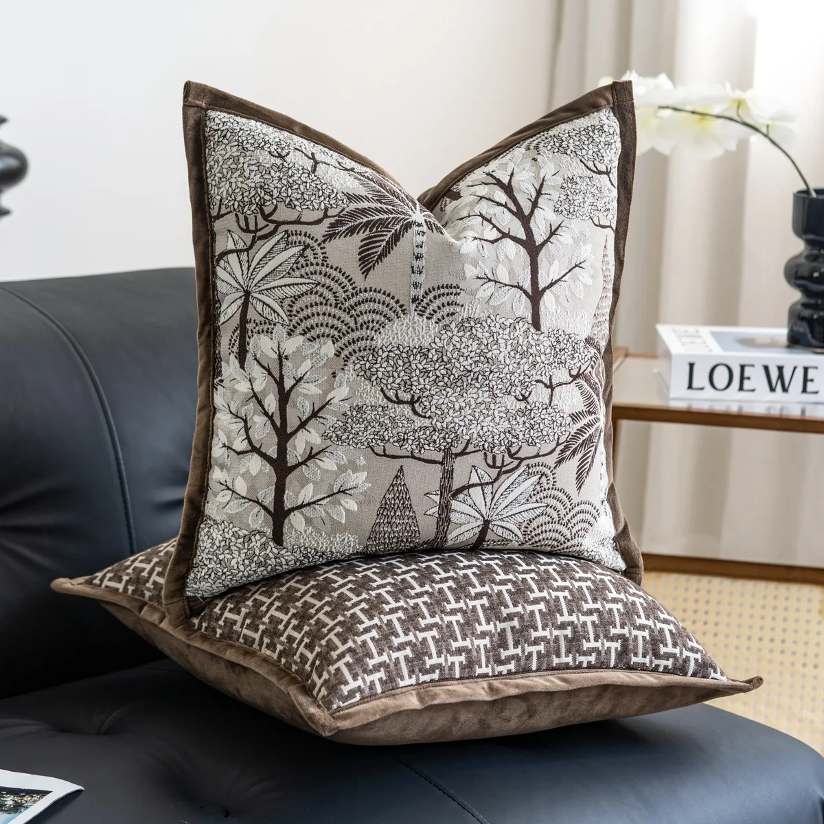 Vintage Brown Jacquard Cushion Cover Velvet Trim Palm Tree Geometric Pleated Decorative Throw Pillow Cover for Sofa Home Decor