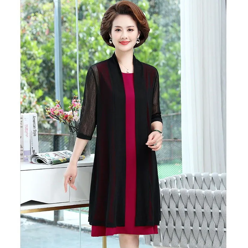Summer Middle Aged Elderly Women Mid-Long Shawl Jacket Loose Thin Cardigan Sun Protective Large Size Mom Sunscreen Top Coat