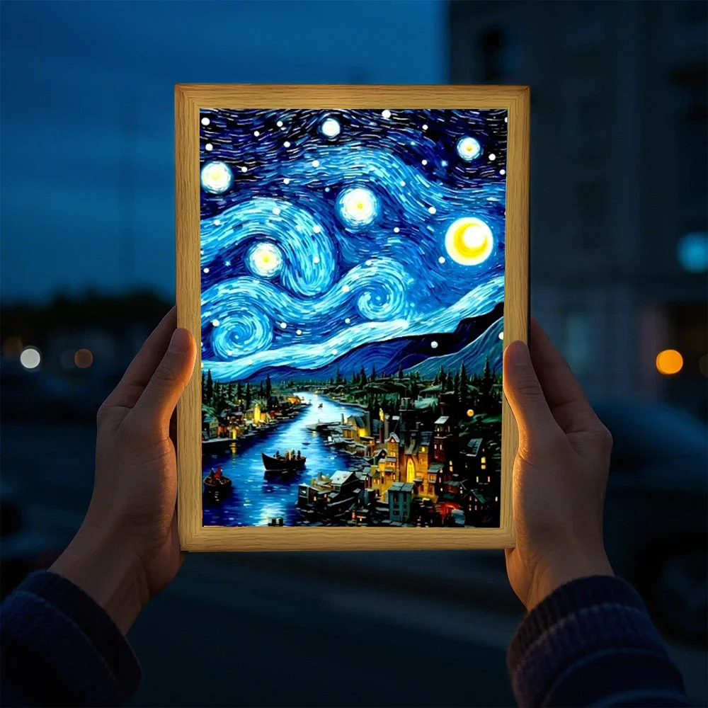 Van gogh luz pintura quadro de imagem led night light lua lâmpada céu estrelado arte da parede oficina quarto casa decoração amigo presentes