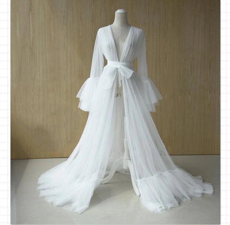 Custom Made White Tulle Robe Dress For Women Wedding Pajamas Gowns 2023 Bride Elegant Bride Bathrobe Cheap and Free Shipping