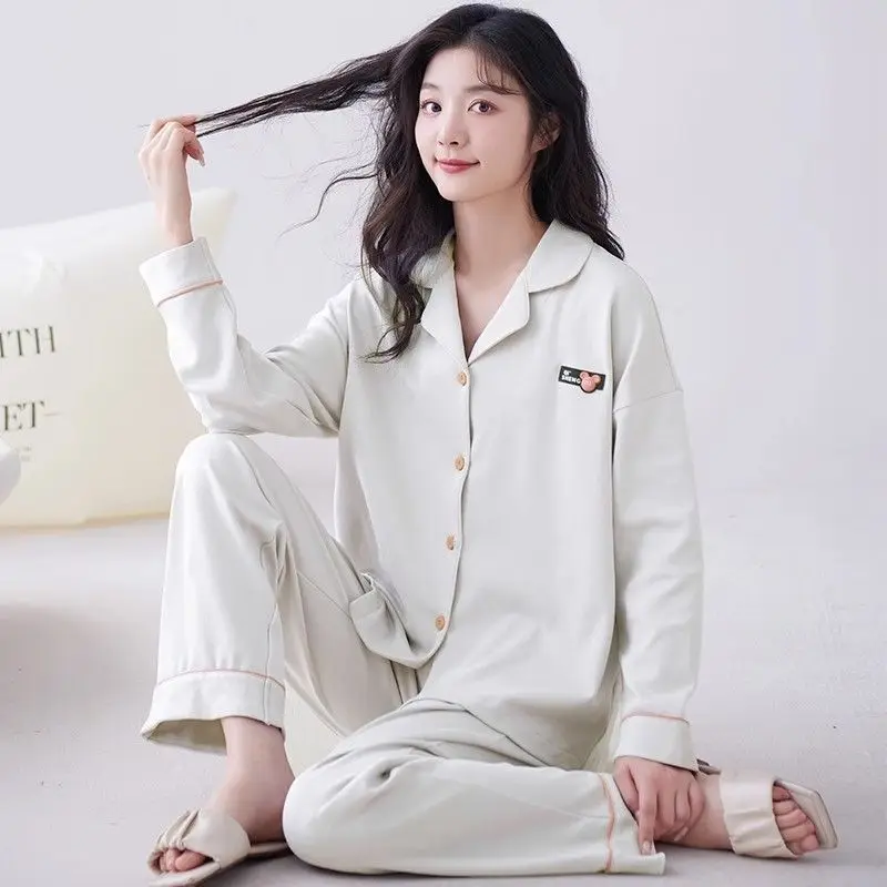 100% Cotton Pajamas Women's Autumn Winter Pyjamas Women Long-sleeved Trousers Sleepwear Cardigan Lapel Simple Loose Loungewear