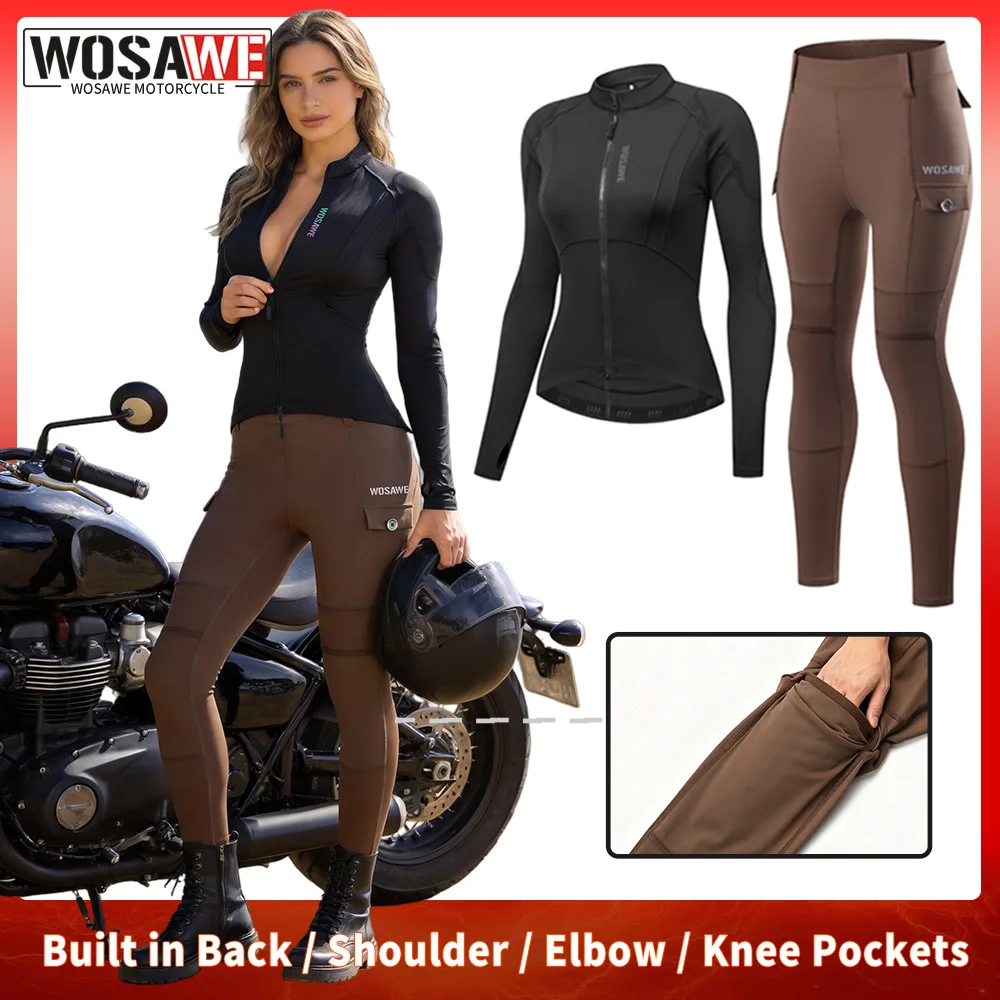 

WOSAWE Women Motorcycle Jacket and Pants Set Summer Sexy Breathable Shirts High Waist Pants wtih Pockets Fitness Sports Suit
