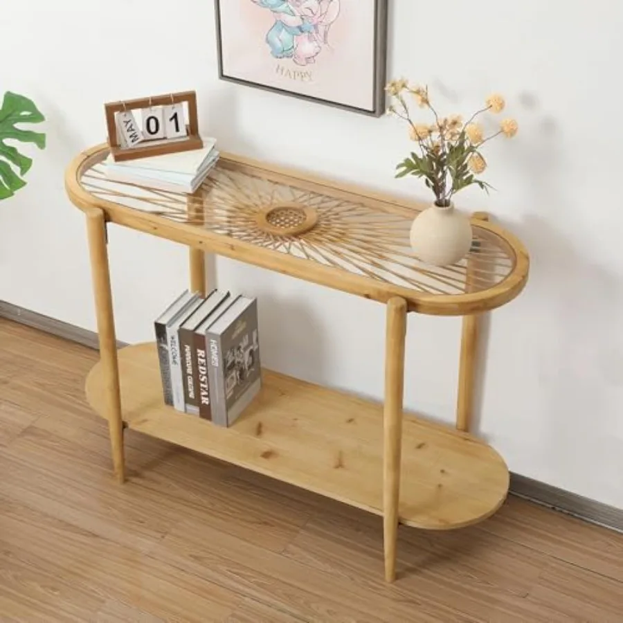 

Консольный столик из ротанга, 2-уровневый стол в прихожей в стиле бохо со столешницей из закаленного стекла и деревянными ножками, современный диван-стол середины века для прихожей