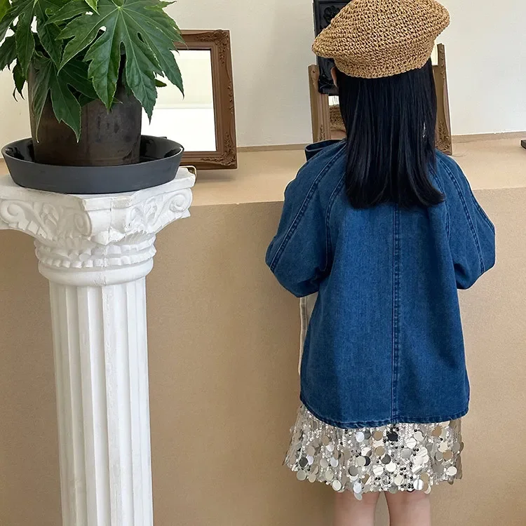 Children Denim Shirt 2024 Spring New Korean Style Children Clothing Girls Lace-up Denim Shirt Long Sleeve Shirt Top Clothes