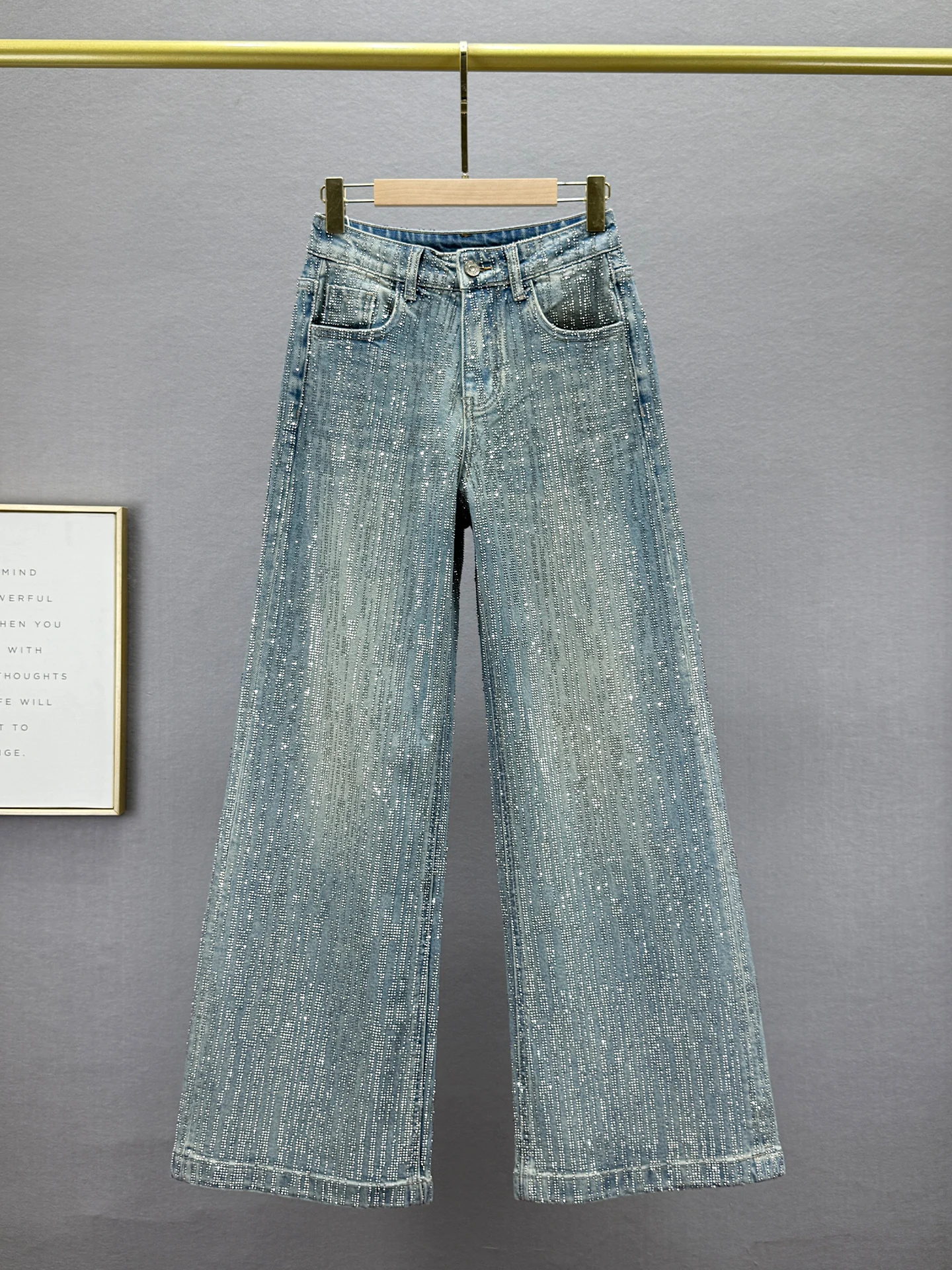 

Женские джинсы с высокой талией и широкими штанинами, новые, весенние, из плотного денима, с декором из страз, повседневные, удобные