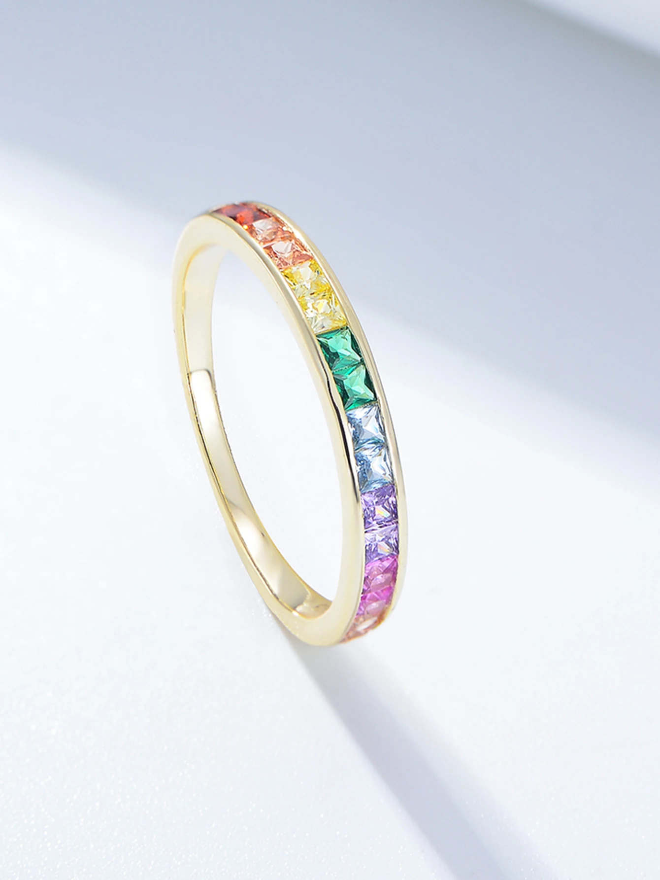 مجوهرات الذكرى السنوية خاتم الخلود الفرقة الدائري قوس قزح الذهب 925 الفضة الاسترليني مكعب زركونيا العصرية 14 كيلو مطلية بالذهب