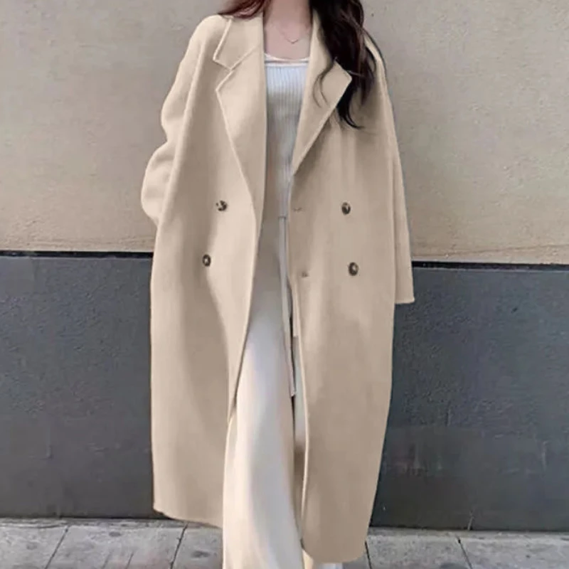 Blends Women Chic Ulzzang New Casual Long Coats Solid Apricot Simple Outwear Pockets Vintage Loose Fashion Streetwear All-match