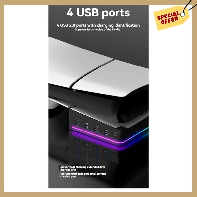 أداء مستقر - لحامل PS5 Slim/Pro مع أوضاع إضاءة و4 محاور USB لتخزين وعرض معزز باللون الأبيض