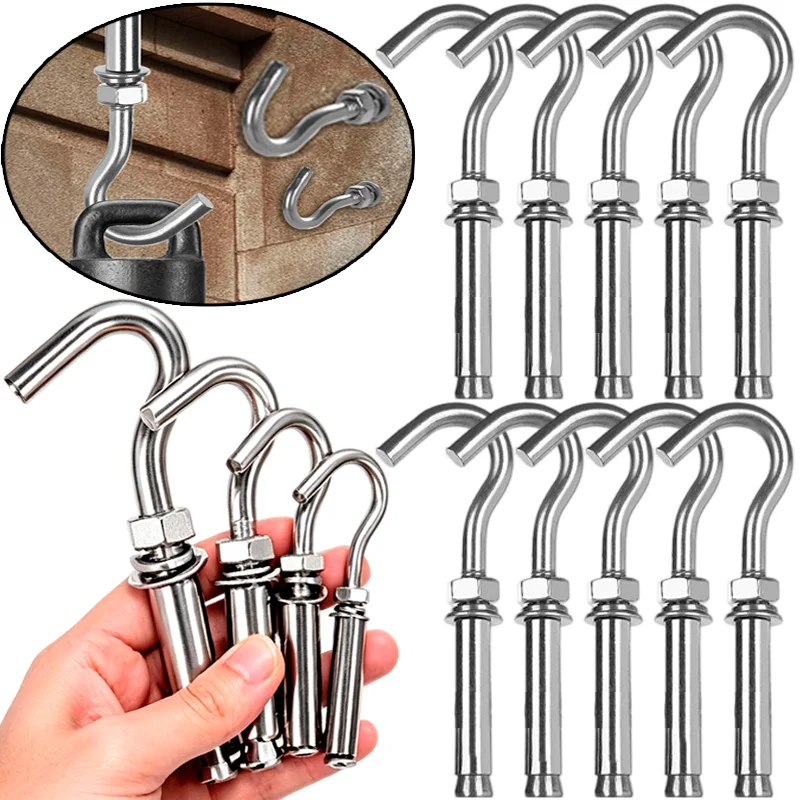 1-10PCS Stainless Steel Expansion Hook Heavy Duty Expansion Bolt Wall Anchor Ceiling Hanging Basket Hook Brick Concrete Fastener