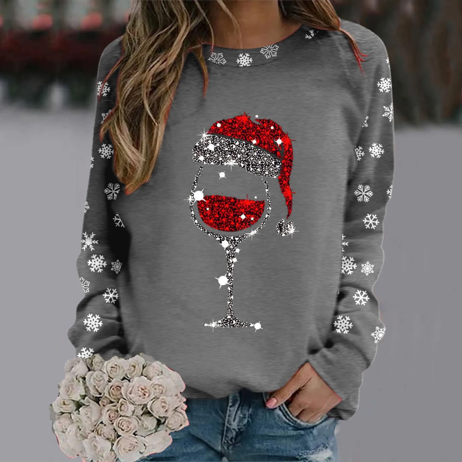 Merry Christmas Glass Snowflake Print Hoodies Round Neck Casual Loose Fit Pullover Tops Women Long Sleeve Autumn Sweatshirt