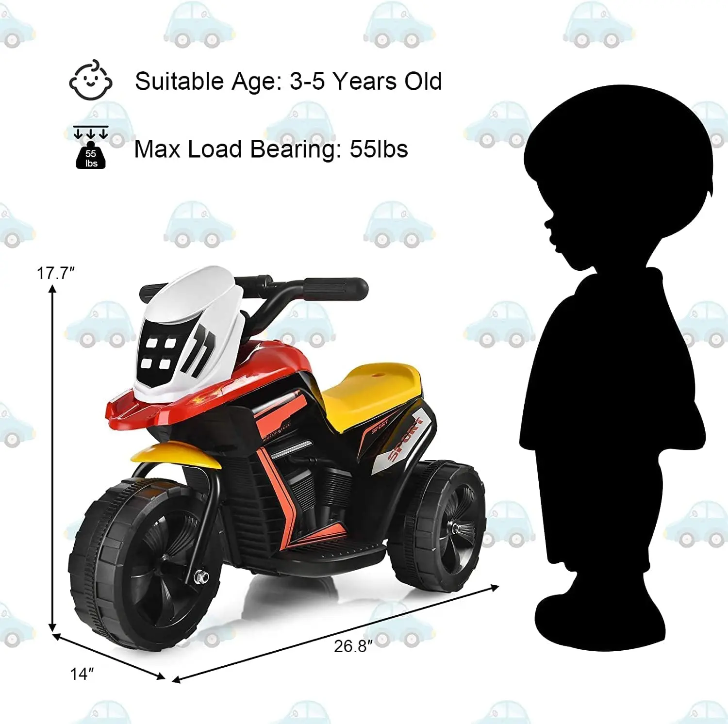 Moto de 6 V, motor eléctrico para niños con pedal, música, bocina, avance/trasero, triciclo de juguete con batería de 3 ruedas