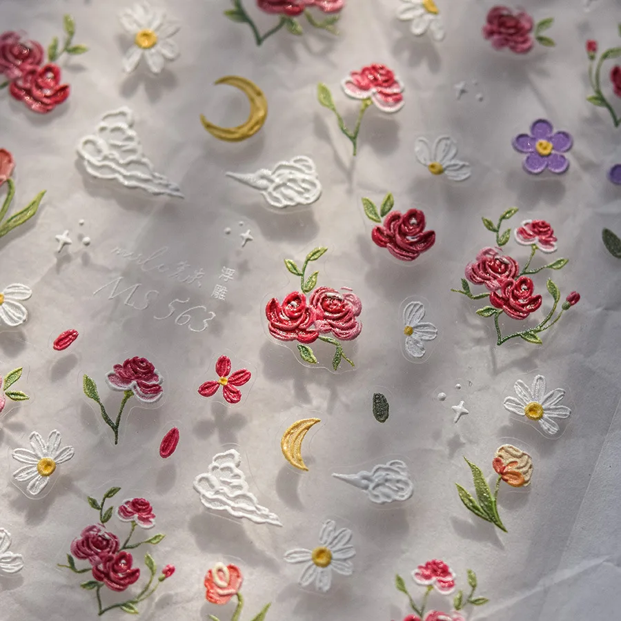 1 pçs 5d alívio cinco pétalas flor arte do prego adesivos kawaii requintado vermelho rosa decoração do prego decalques adesivo transferência slider diy