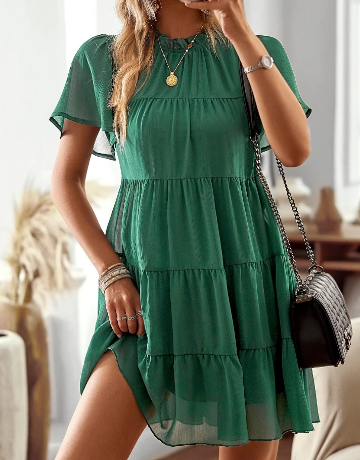 Women's Dress 2024 Summer Solid Color Commuter A-line Slim fit O-neck Mini Dress Short Sleeve High Waist Double layer Mesh Dress