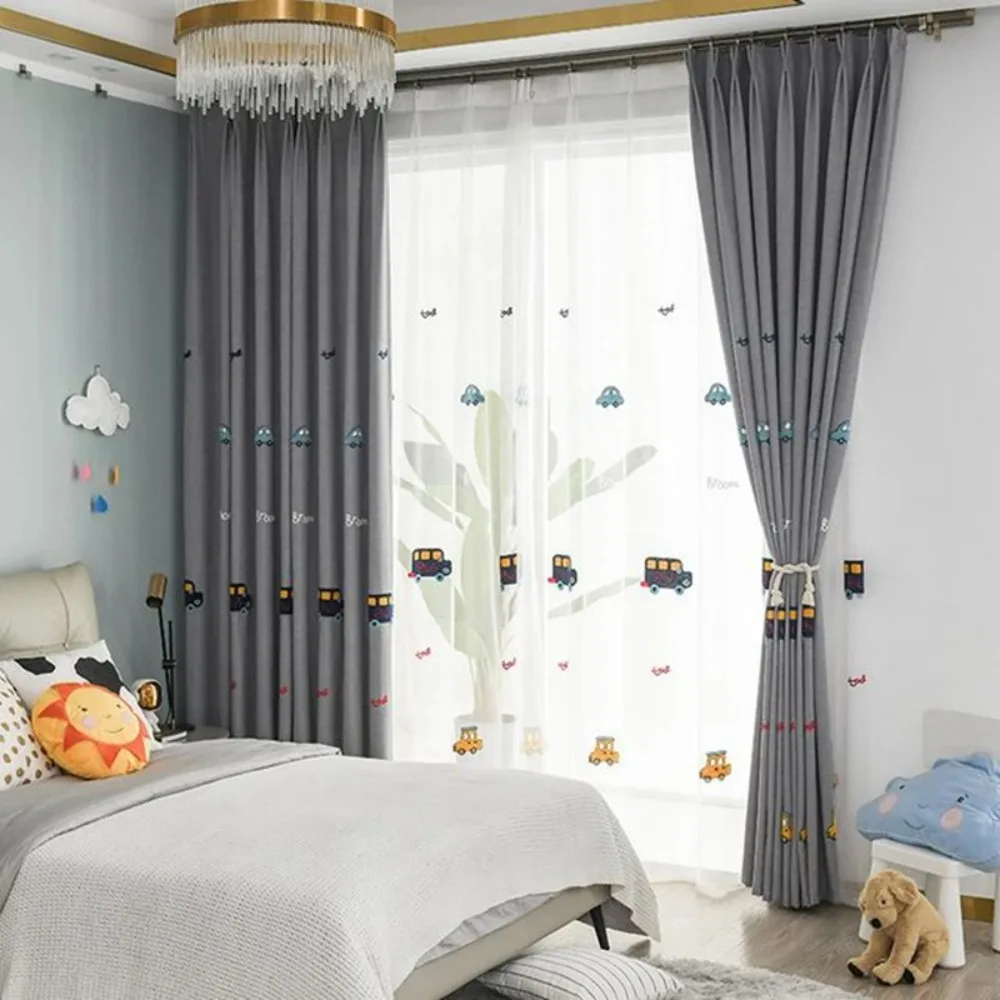Gray Cotton Linen Cartoon Cute Towel Embroidered Car Stereoscopic Thickened Blackout Window Curtains for Children 's Bedroom