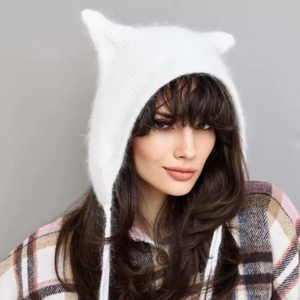 Cute Laced Up Cat Ear Beanie Soft Foldable Knit Winter Hat Winter Warm Solid Color Fluffy Hat For Women