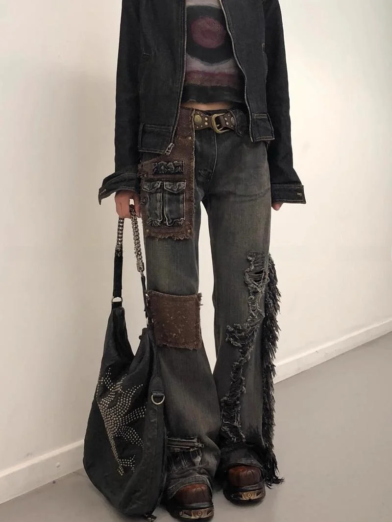 

Retro American High Street Patchwork Work Pants Women's New Spicy Design Sensation Micro Flared Floor-Length Jeans