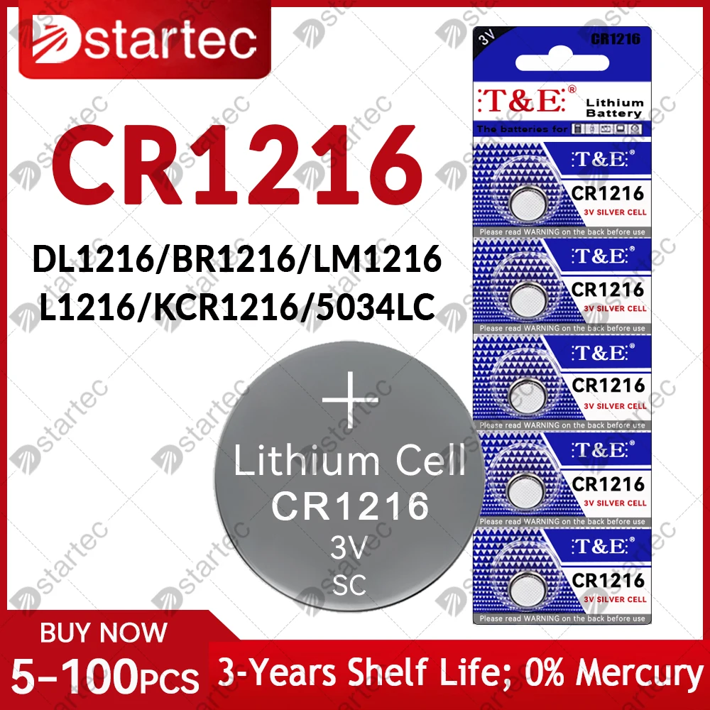 5 SZTUK-100 SZTUK 3V CR1216 Bateria litowa BR1216 LM1216 DL1216 CR 1216 5034LC ECR1216 Baterie pastylkowe do pilota zabawkowego