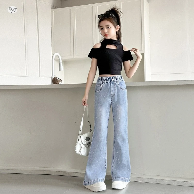 

Детские джинсы-клеш для девочек, летние, 2026, новинка, средний размер, тонкий дизайн