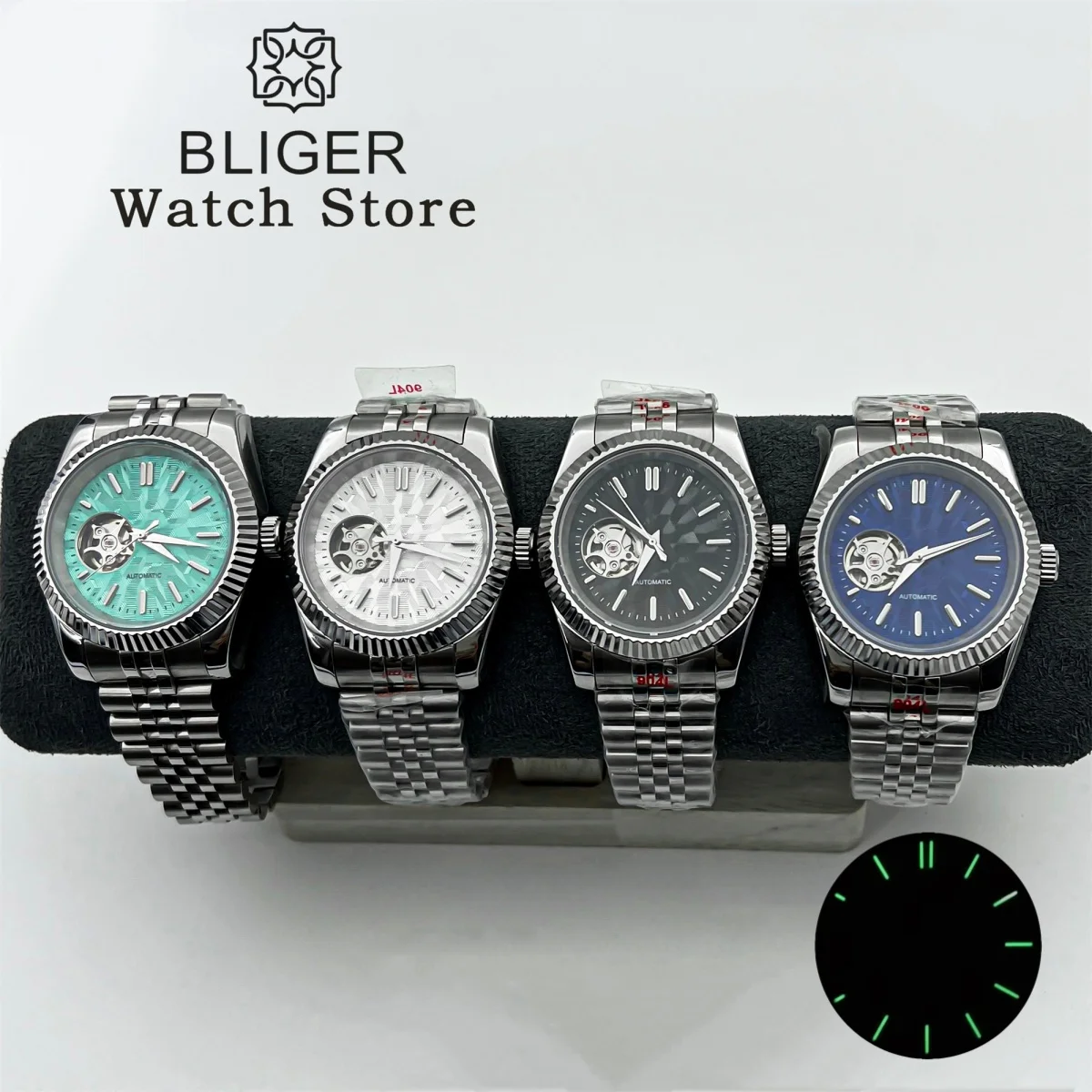 BLIGER 36mm 39mm Fluted Bezel NH38 Automatic Watch for Men Black White Green Blue Hollow Dial Luminous Index 904L Bracelet Clock