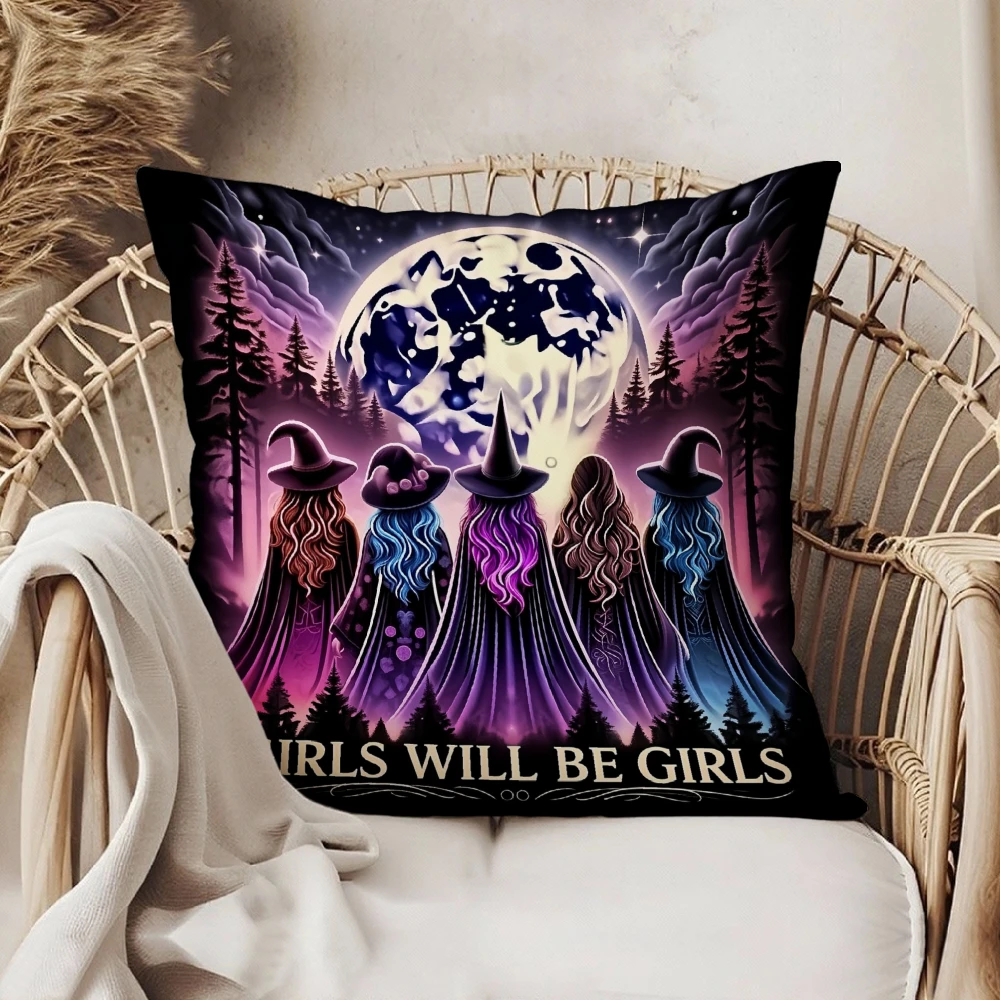 Square Throw Pillow Case Black Purple Witch Silhouettes Full Moon Forest Girls Will Be Girls Quote Home Sofa Chair Decor