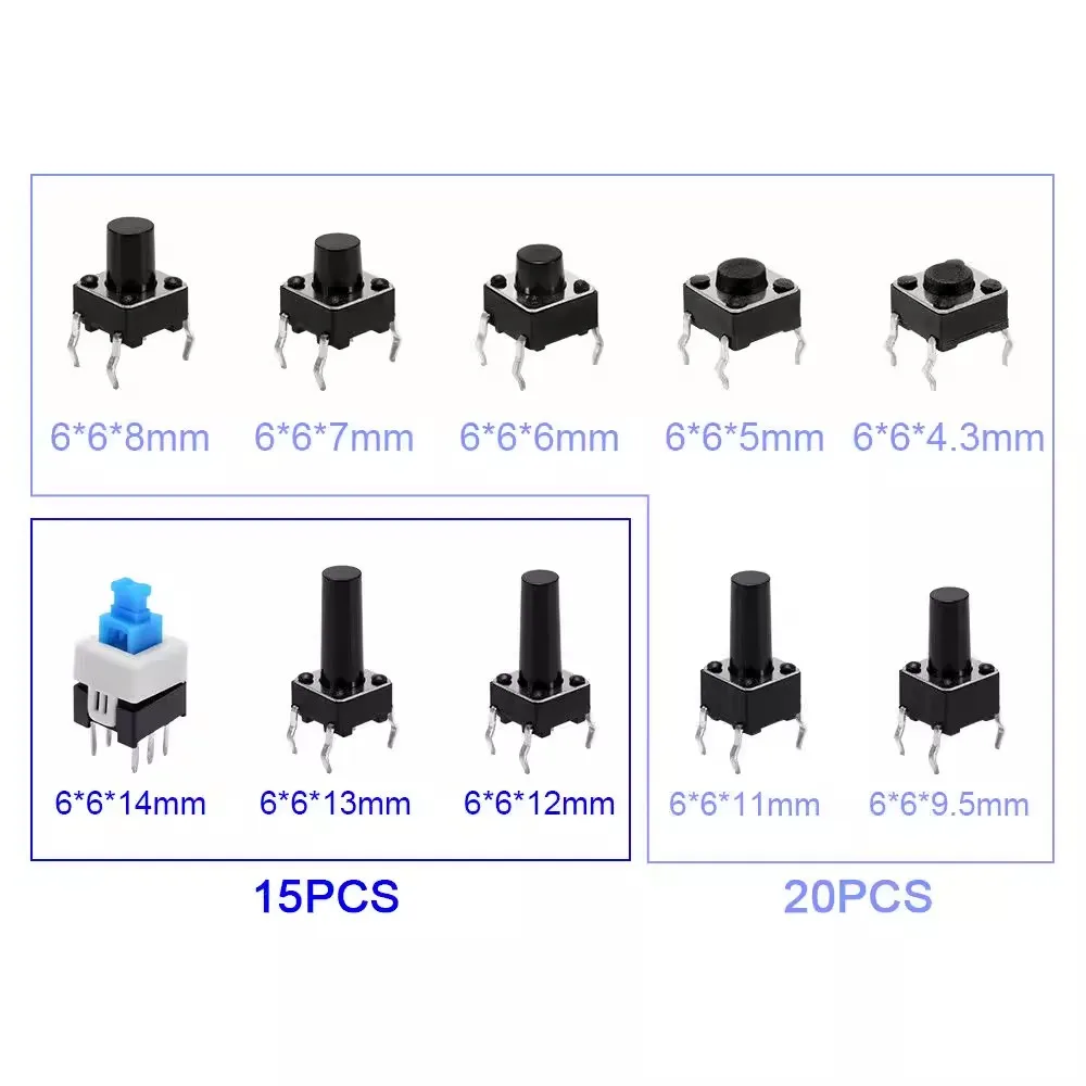 180pcs 10 Types Button Switches Kit 6*6mm 7*7mm Straight Plug Light Touch Switches Classification Box Set for Electronics