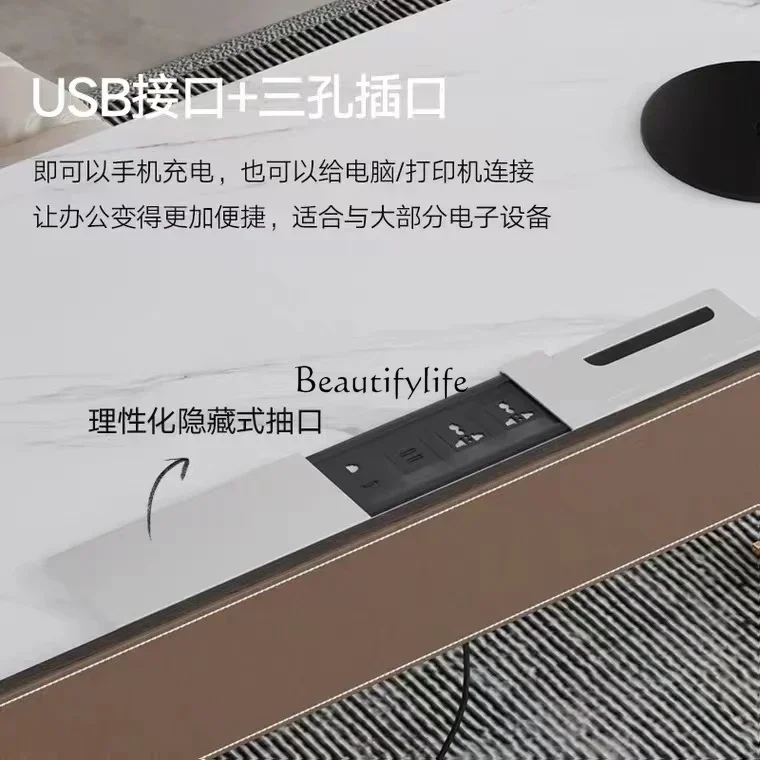 yj9 Meja kerja dari kulit sadel dengan desain batu, mewah ringan, modern, dan simpel