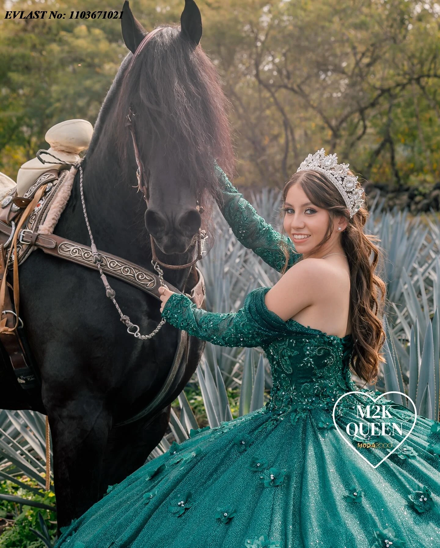 EVLAST Shiny Dark Green Quinceanera Dress Ball Gown 3D Floral Applique Beaded Mexican Corset Sweet 16 Vestidos De Anos SQ409