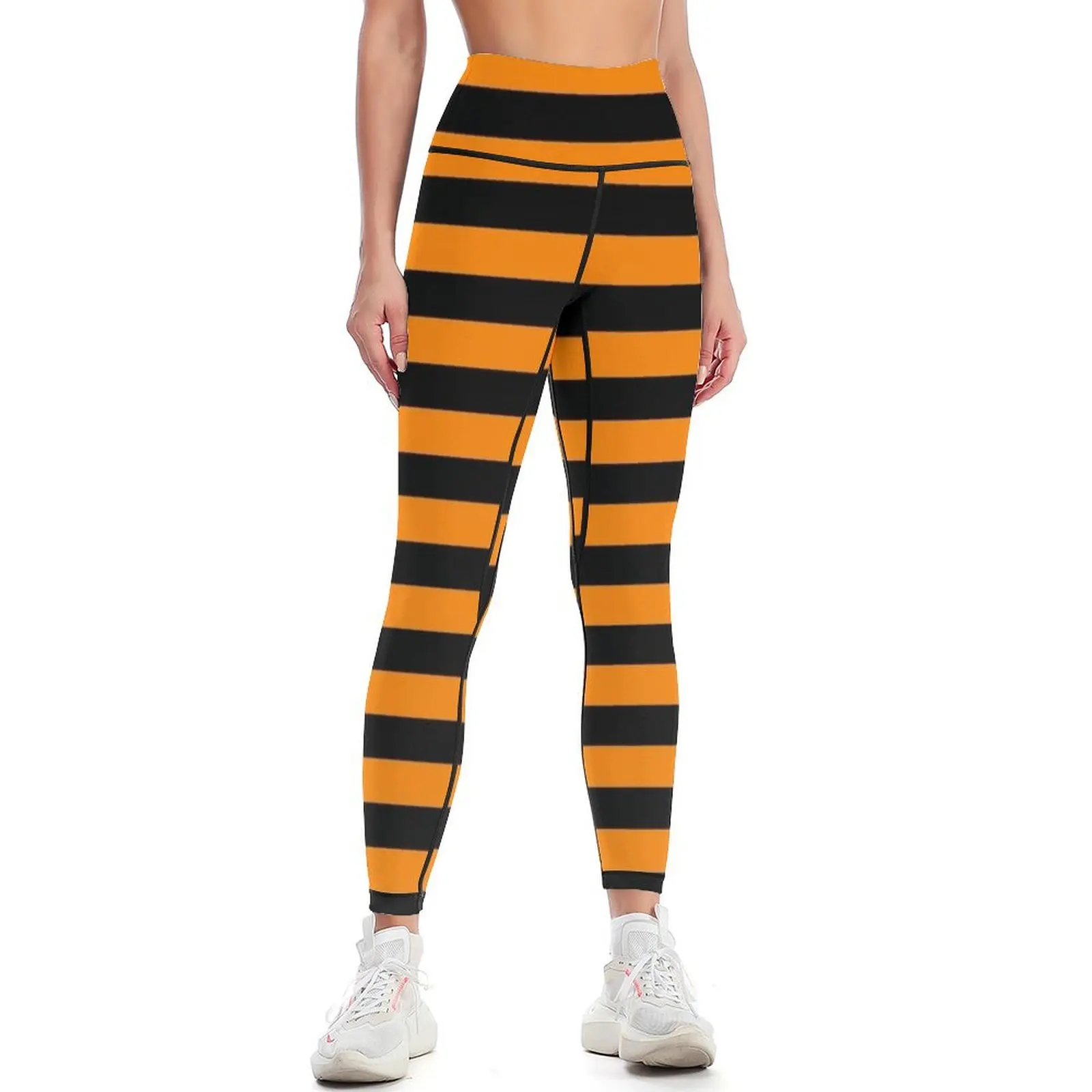 

Neon Orange and Black Horizontal Stripes Leggings push up fitness Pants sport sports for workout shorts Womens Leggings