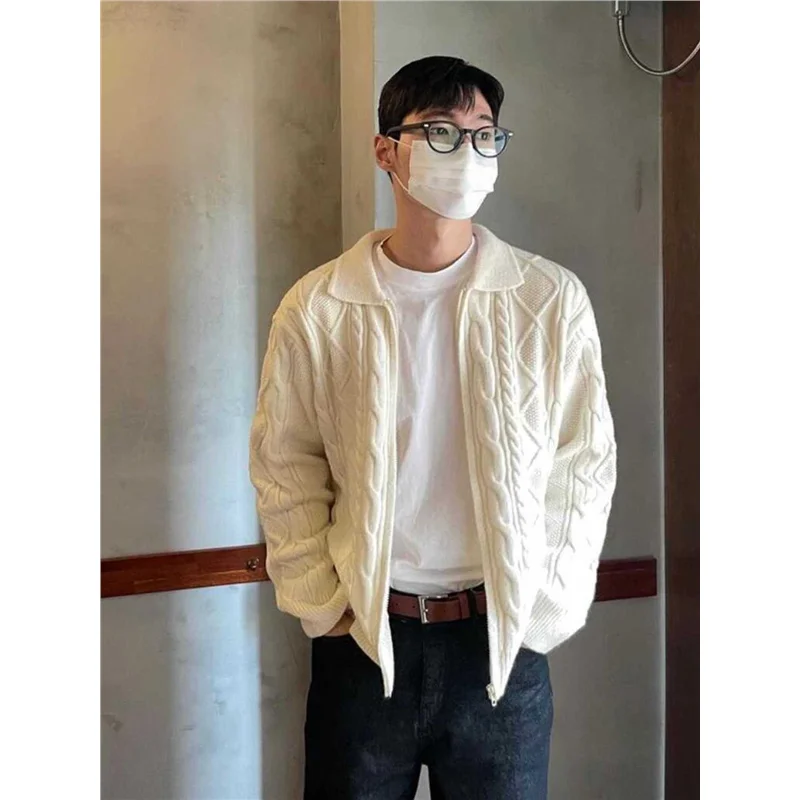 

Мужской вязаный свитер на молнии с ромбовидной текстурой, свободный крой, осень-зима, ленивый Sle, повседневная верхняя одежда, модный кардиган