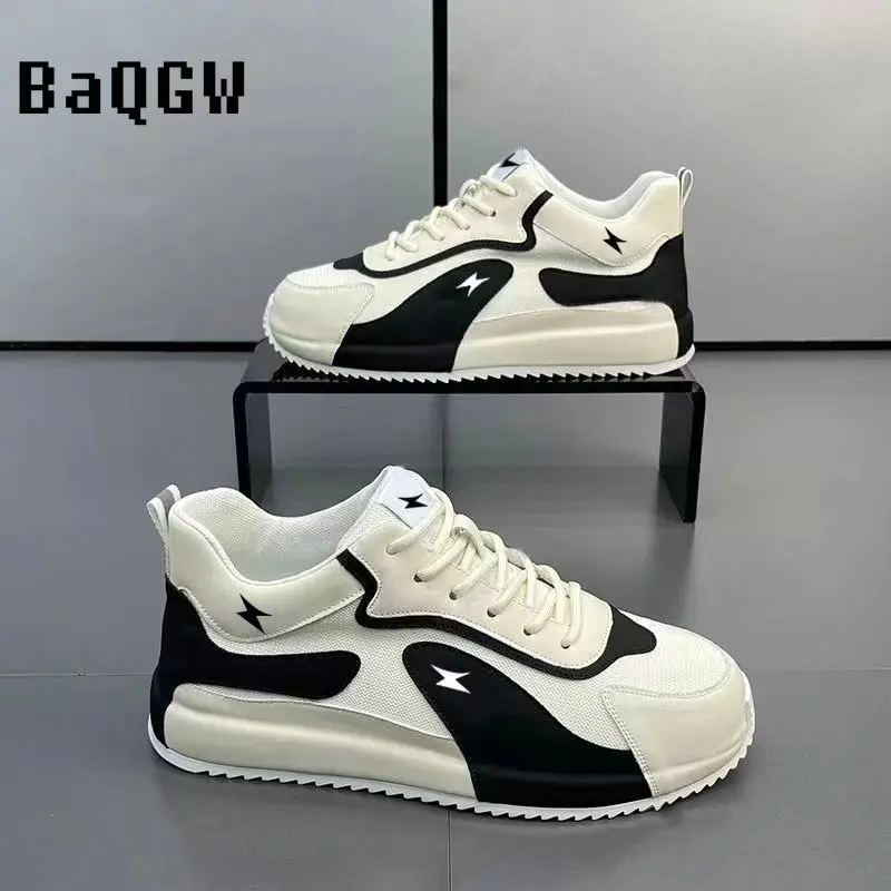 

Fashion Leather Canvas Breathable Color Block Running Men Casual Shoes Luxury Sneakers Height Increased Platform Board Shoes