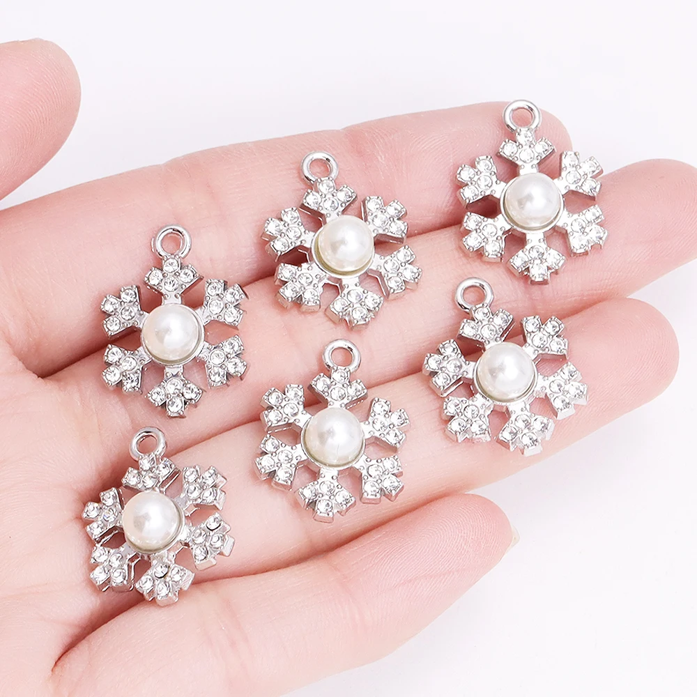 10Pcs Delicate Pearl Zircon Snowflake Pendant Alloy Metal Charms for Diy Jewelry Making Necklaces Earrings Craft Accessories