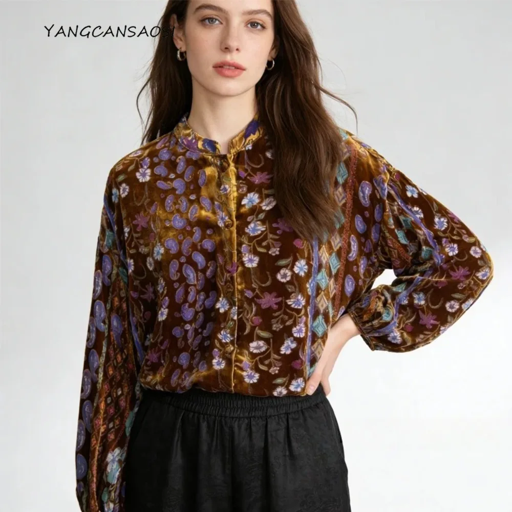 

30%Natural Mulberry Silk Velvet Top, Women's Fashionable Single Breasted Stand Collar Long Sleeved Printed Shirt, 2026Spring New