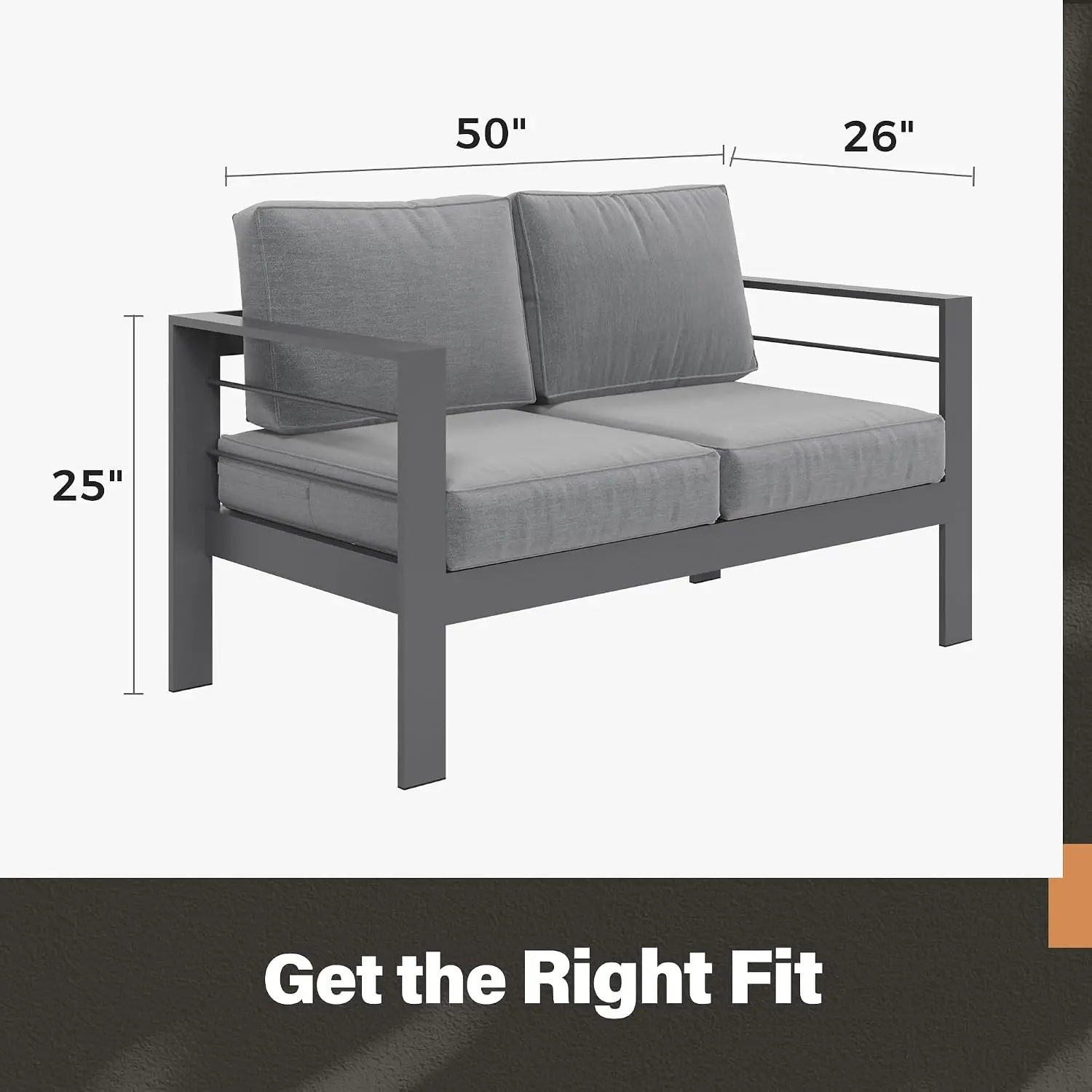 Outdoor Loveseat Aluminum Patio Sofa, All-Weather Metal Frame with Cushions, Dark Grey, Customized image 2
