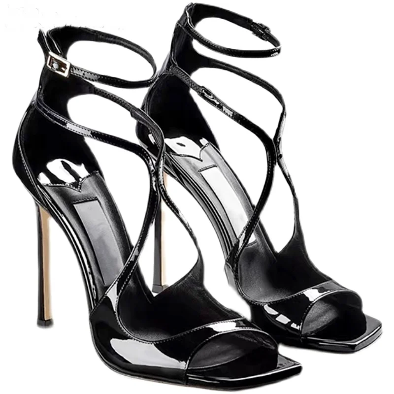 Satin High Heels Sandals Women Square Toe Gladiator Sandals Lady Buckle Strap Cut-outs Cross-tied Stiletto Heels Party Shoes