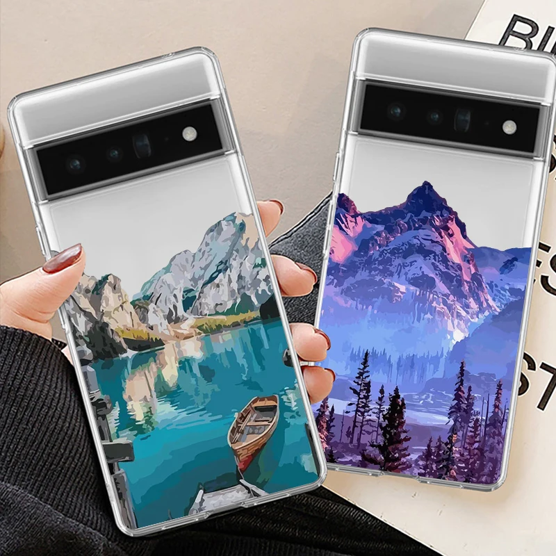 Snow Mountain Lake Landscape Phone Case for Google Pixel 6A 8 Pro 8A 6 5G 7 Pro 7A Hand Painted Clear Soft TPU Back Cover Fundas