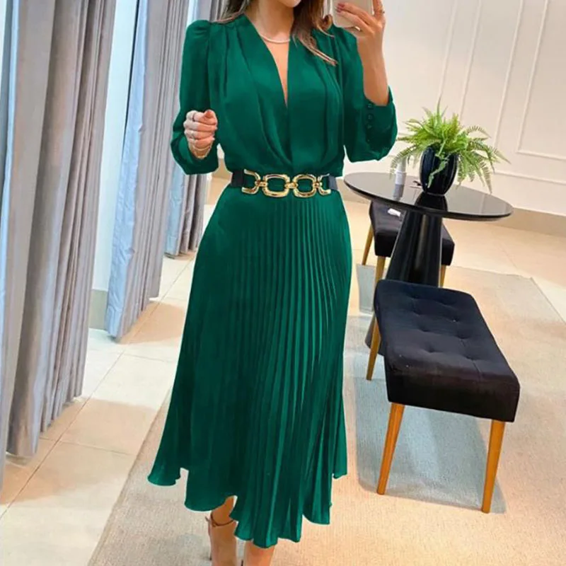 

Elegant Deep V-neck Draped Long Dress 2024 Women Causal Long Sleeve Commuter Dress Fashion Hight Waist Chain Lace-up Party Dress