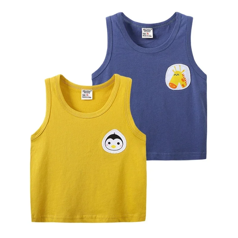 Summer Boys Sleeveless Casual Breathable Cotton Color-Block T-shirt Kids Printed Cartoon Tank Top 3-8 Years Optional 2 Colors