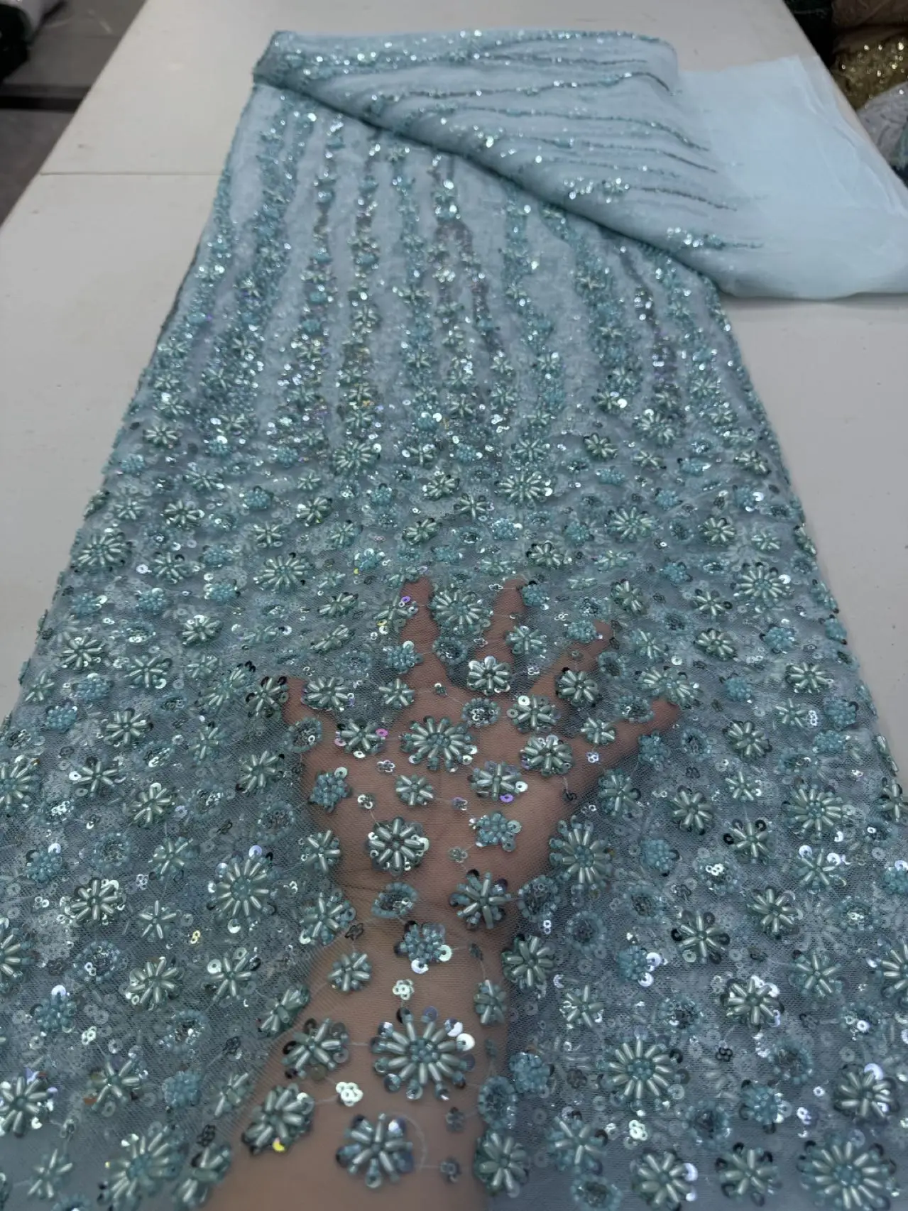 

African Heavy Beaded Lace Fabric 2025 High Quality Nigerian Sequin Pearl Lace French Tulle Fabric For Wedding Party Dress Sewing