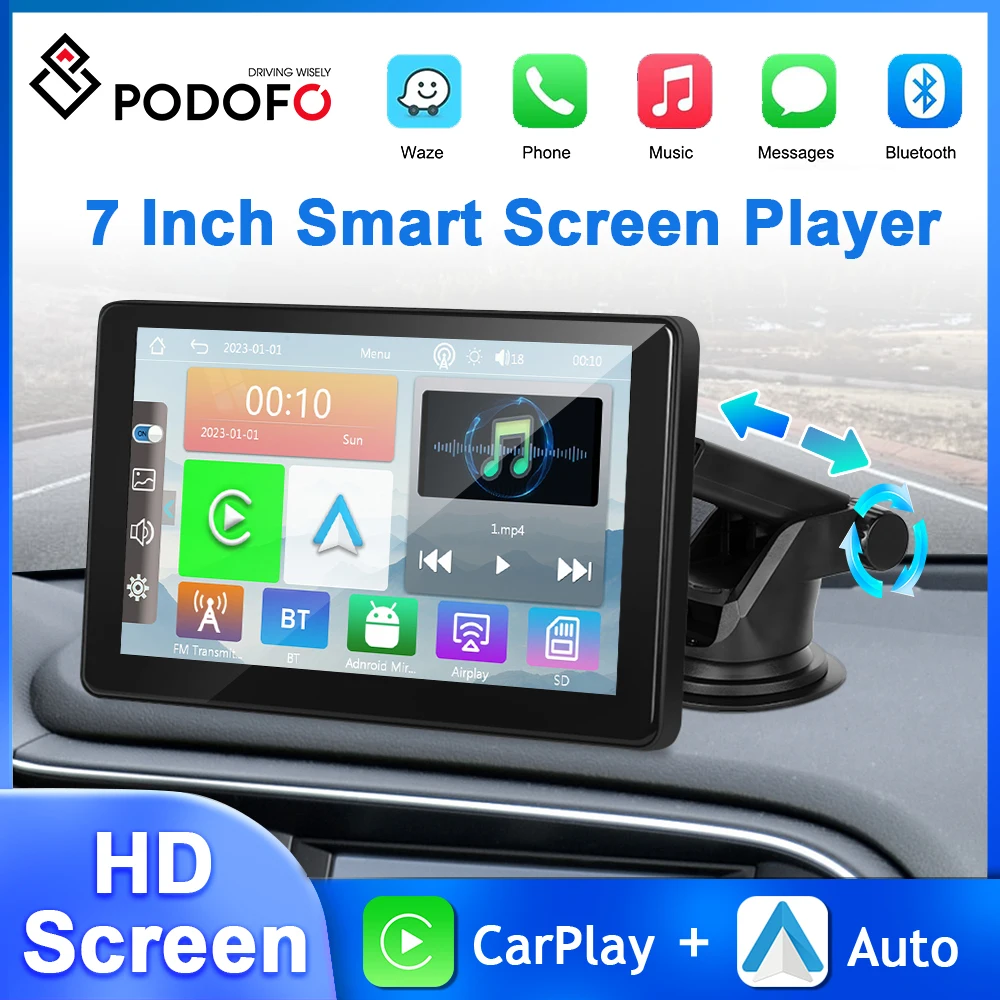 

Podofo 7-дюймовый сенсорный экран автомобильный монитор Carplay Android Авто приборная панель EQ видеорегистратор FM Airplay Android Cast умный экран плеер