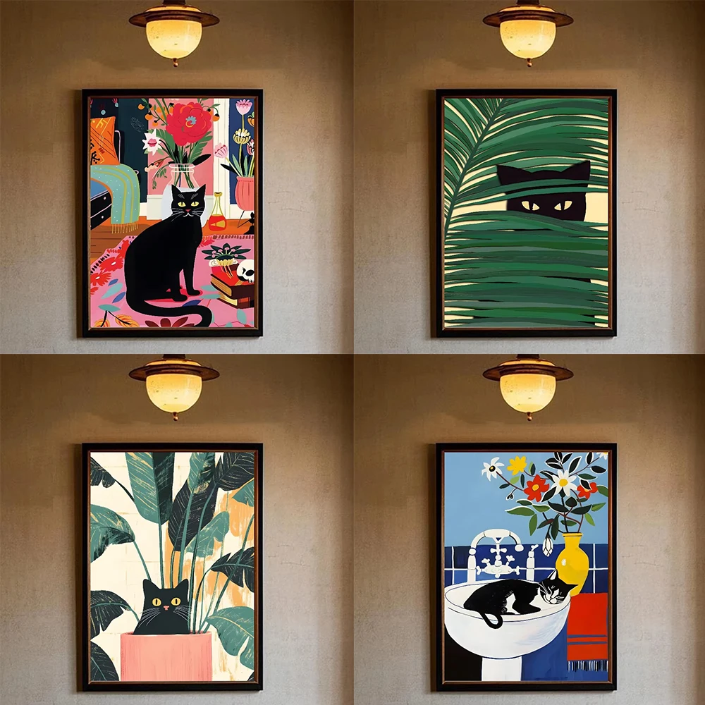 

Green Pink Animal Wall Art Poster Funny Black Cat Reading Newspapers on The Toilet Canvas Print for Modern Bathroom Home Decor