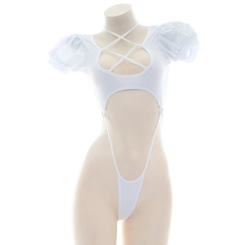 أنيمي قطعة واحدة منفوخة كم ملابس السباحة ، زي أسود ، الأشرطة المتقاطعة ، ارتداءها ، ملابس السباحة ، الزي الرسمي ، حفلة حمام السباحة ، تأثيري