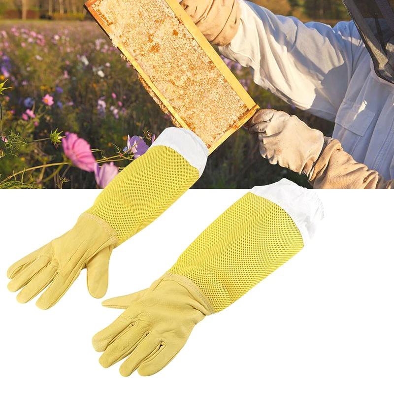 Beekeeping Protective Gloves, Beekeeper Sleeves Breathable Anti Bee Cloth, Apiculture Sheepskin Long Yellow Mesh Gloves 1Pair