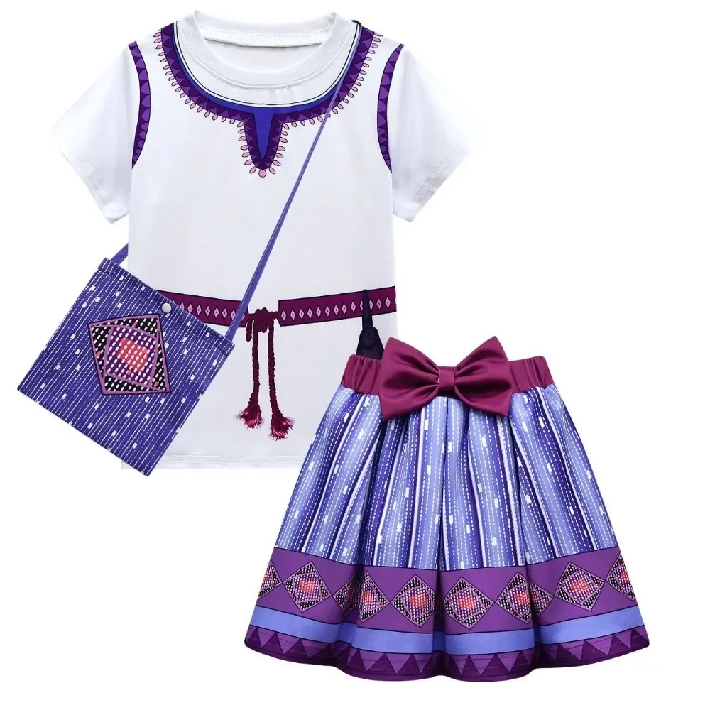 Wish Asha Cosplay Costume Girls Cute Cartoon Printing T-shirt Skirt Bag Full Set Kids Role Play Suit Hallowen Carnival Party