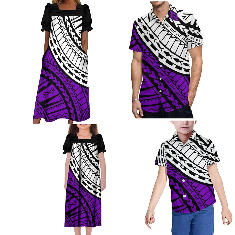 Microsia Square Collar Mumu Women\'S Dress Girls\' Dress Men\'S Shirt Boys\' Shirt Custom Polynesian Family Dress Soft Short Sleeves